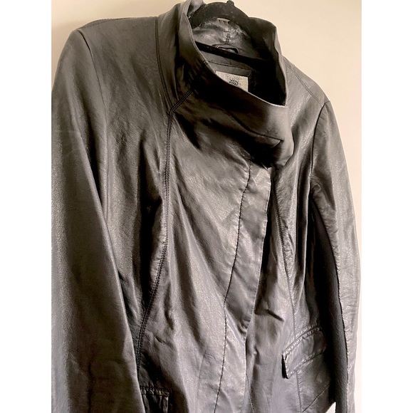 Inked & Faded Faux Leather Button Up Bomber Jacket with Knit Inner Sleeves  - L - Picture 4 of 11